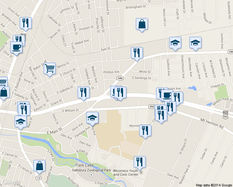 map of restaurants, bars, coffee shops, grocery stores, and more near 1104 Healthway Drive in Salisbury