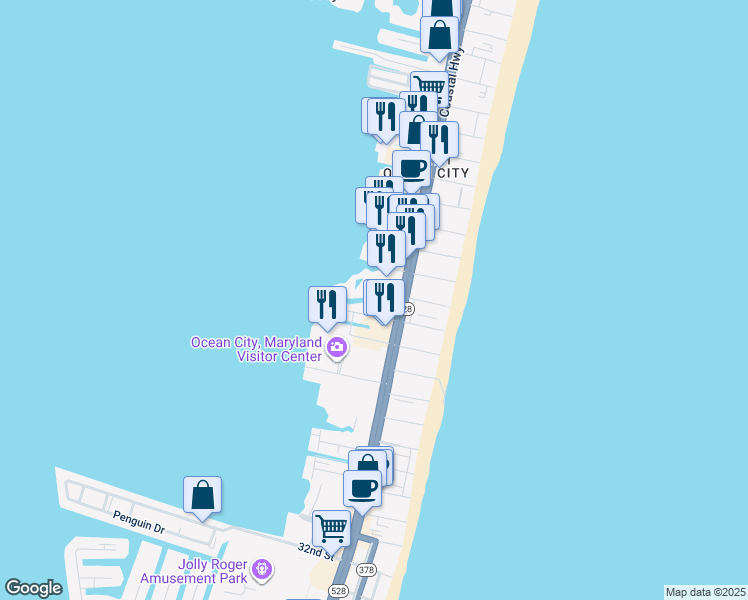 map of restaurants, bars, coffee shops, grocery stores, and more near 4201 Coastal Highway in Ocean City
