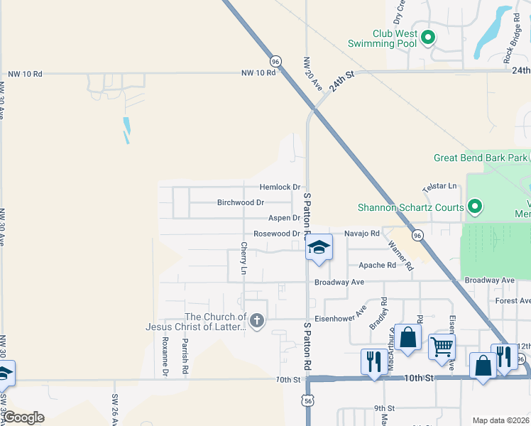 map of restaurants, bars, coffee shops, grocery stores, and more near 5855 Birchwood Drive in Great Bend