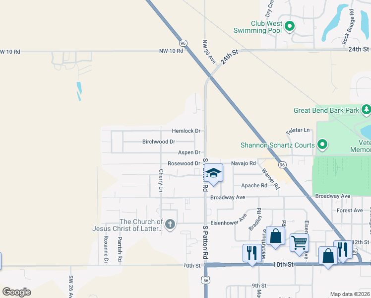 map of restaurants, bars, coffee shops, grocery stores, and more near 5801-5899 Birchwood Drive in Great Bend