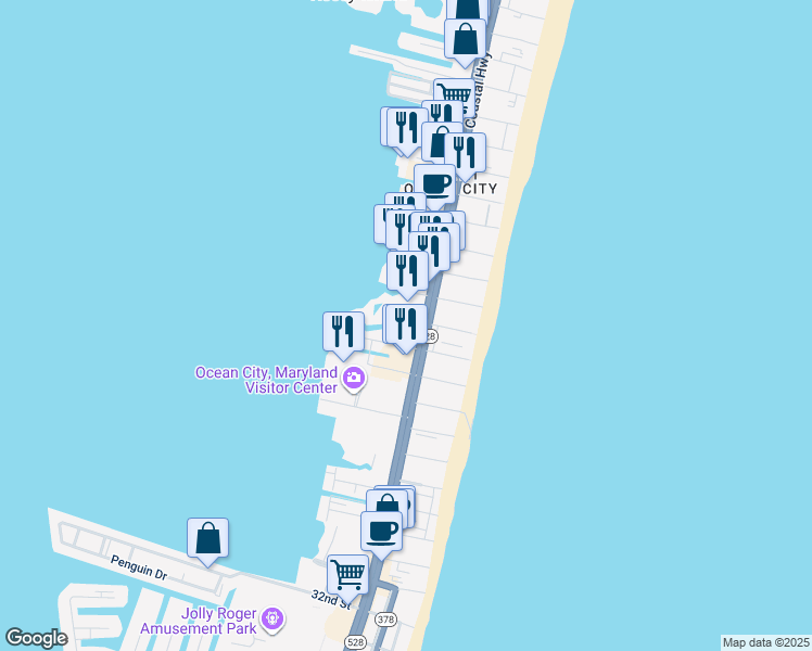 map of restaurants, bars, coffee shops, grocery stores, and more near 103 44th Street in Ocean City