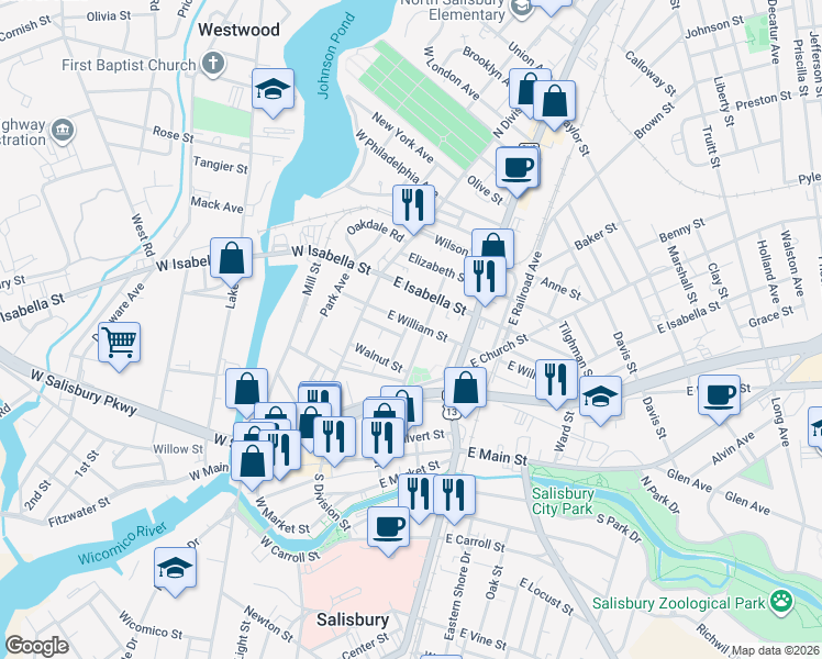 map of restaurants, bars, coffee shops, grocery stores, and more near 201 East William Street in Salisbury