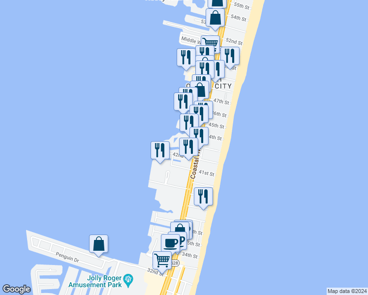 map of restaurants, bars, coffee shops, grocery stores, and more near 4201 Coastal Highway in Ocean City