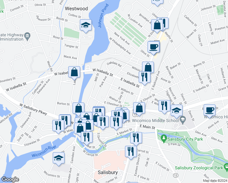 map of restaurants, bars, coffee shops, grocery stores, and more near 106 Parsons in Salisbury