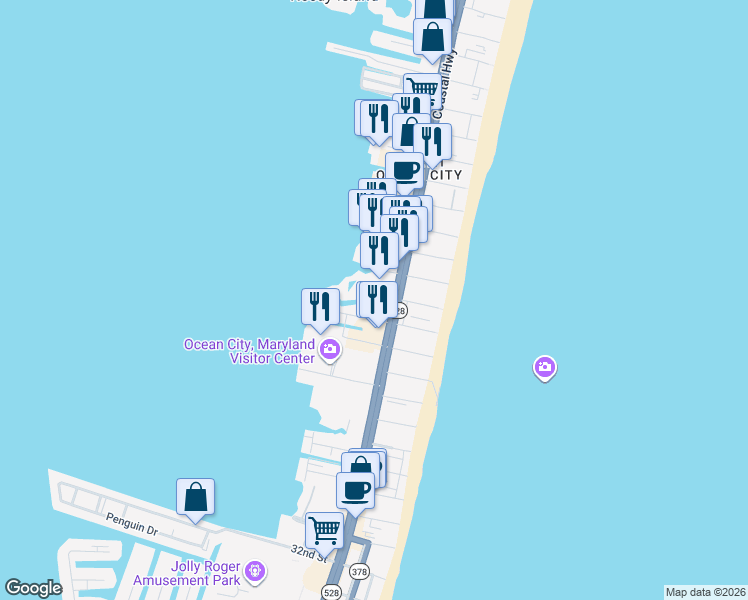 map of restaurants, bars, coffee shops, grocery stores, and more near 103 44th Street in Ocean City