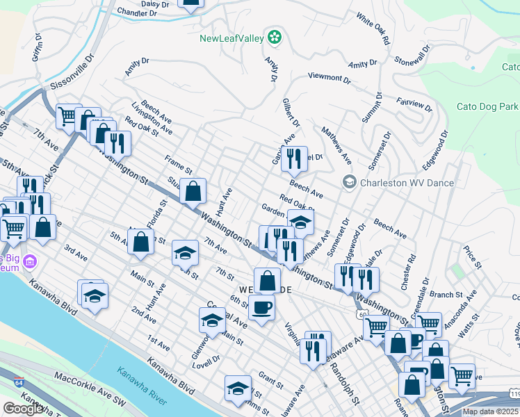 map of restaurants, bars, coffee shops, grocery stores, and more near 801 Garvin Avenue in Charleston