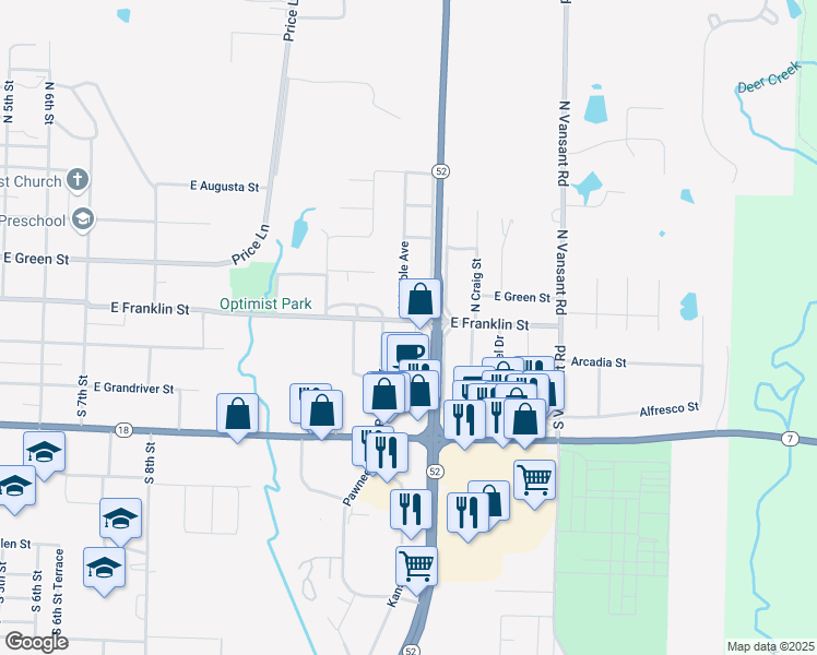 map of restaurants, bars, coffee shops, grocery stores, and more near 1402 East Franklin Street in Clinton
