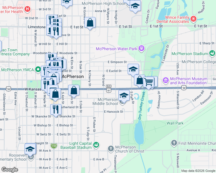 map of restaurants, bars, coffee shops, grocery stores, and more near 607 E Kansas Ave in McPherson