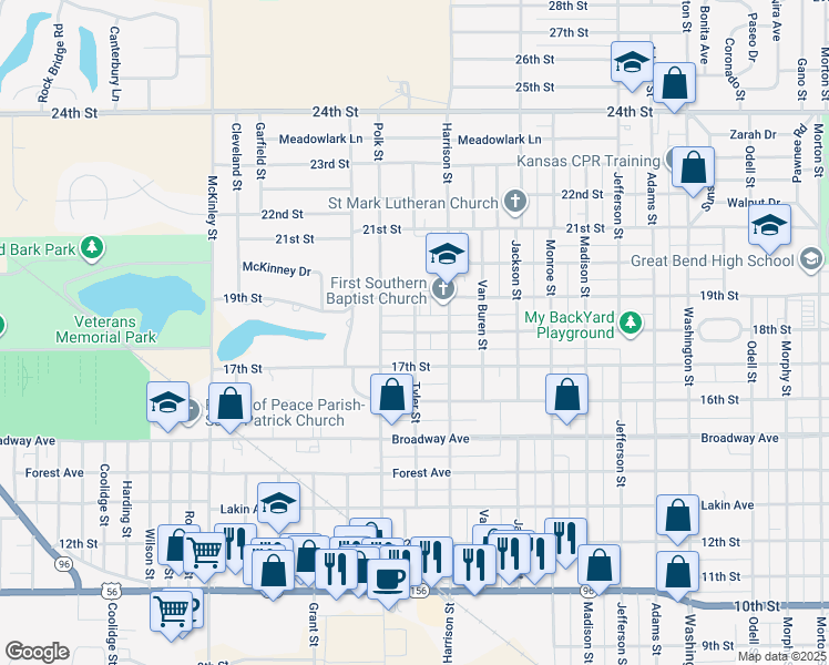 map of restaurants, bars, coffee shops, grocery stores, and more near 3400 18th Street in Great Bend