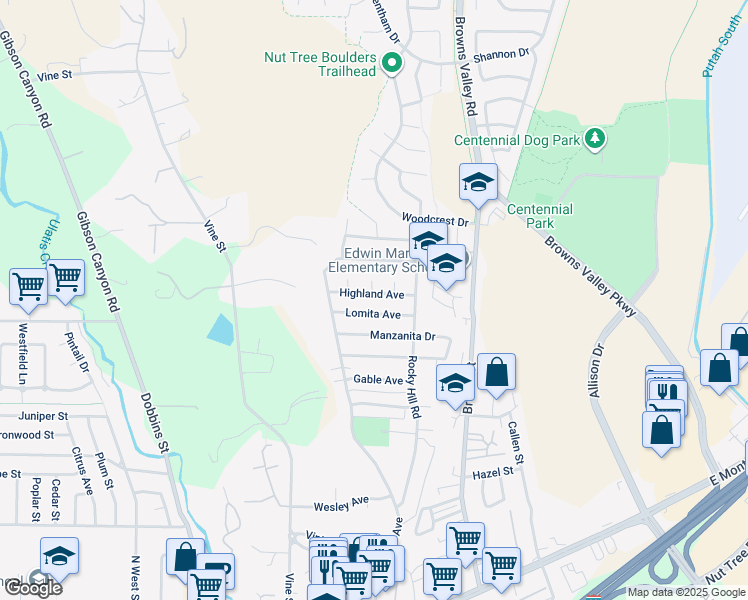 map of restaurants, bars, coffee shops, grocery stores, and more near 149 Highland Avenue in Vacaville
