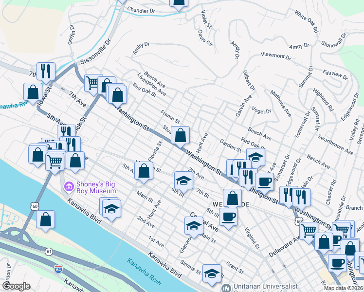 map of restaurants, bars, coffee shops, grocery stores, and more near 1242 West Washington Street in Charleston
