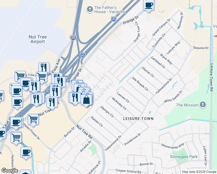 map of restaurants, bars, coffee shops, grocery stores, and more near 55 Lemon Tree Circle in Vacaville