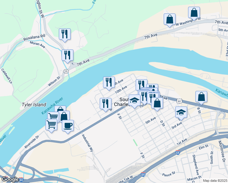 map of restaurants, bars, coffee shops, grocery stores, and more near 120 C Street in Charleston