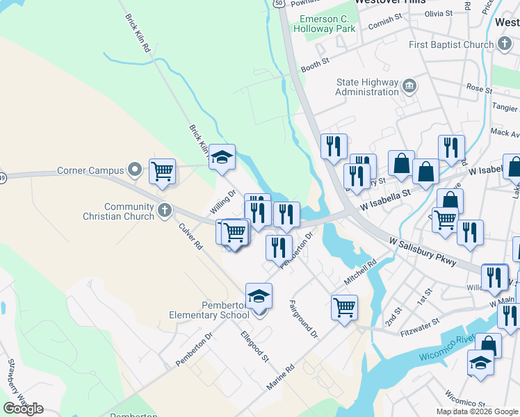map of restaurants, bars, coffee shops, grocery stores, and more near 28650 Old Quantico Road in Salisbury