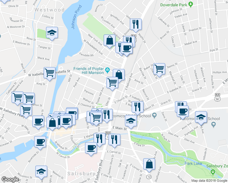 map of restaurants, bars, coffee shops, grocery stores, and more near 432 North Salisbury Boulevard in Salisbury