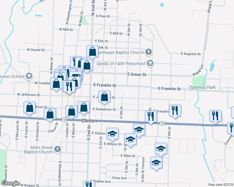 map of restaurants, bars, coffee shops, grocery stores, and more near 109 South 4th Street in Clinton