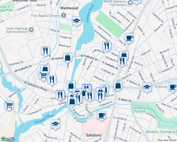 map of restaurants, bars, coffee shops, grocery stores, and more near 324 North Division Street in Salisbury