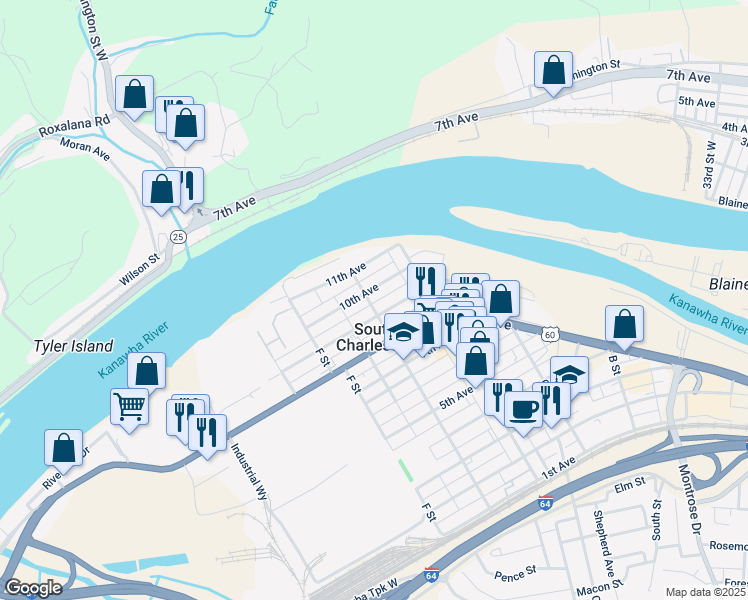 map of restaurants, bars, coffee shops, grocery stores, and more near 1005 10th Avenue in South Charleston
