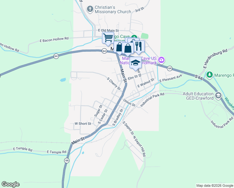 map of restaurants, bars, coffee shops, grocery stores, and more near 285 South Main Street in Marengo