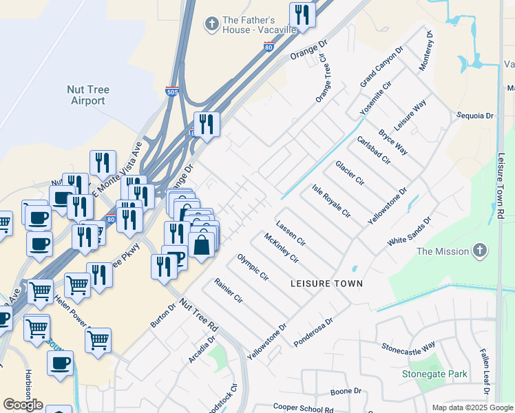 map of restaurants, bars, coffee shops, grocery stores, and more near 55 Lemon Tree Circle in Vacaville
