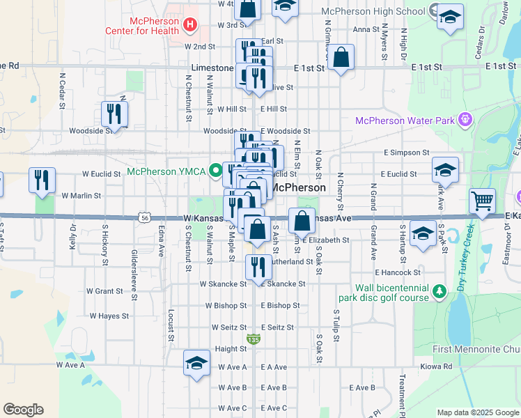 map of restaurants, bars, coffee shops, grocery stores, and more near 116 North Main Street in McPherson