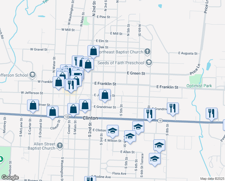 map of restaurants, bars, coffee shops, grocery stores, and more near 109 South 4th Street in Clinton