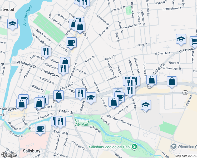 map of restaurants, bars, coffee shops, grocery stores, and more near 206 Linwood Avenue in Salisbury
