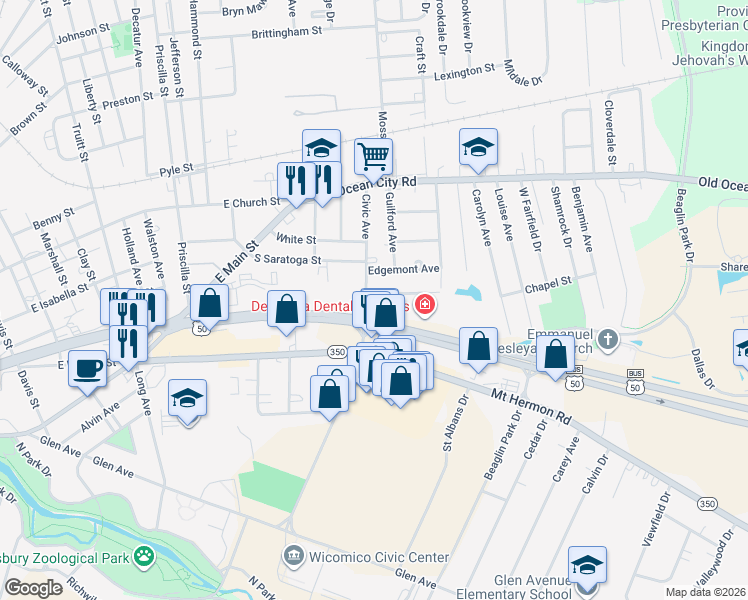 map of restaurants, bars, coffee shops, grocery stores, and more near 131 Civic Avenue in Salisbury