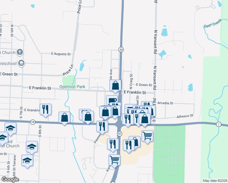 map of restaurants, bars, coffee shops, grocery stores, and more near 1401 East Franklin Street in Clinton