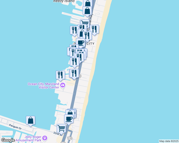 map of restaurants, bars, coffee shops, grocery stores, and more near 4309 Atlantic Avenue in Ocean City