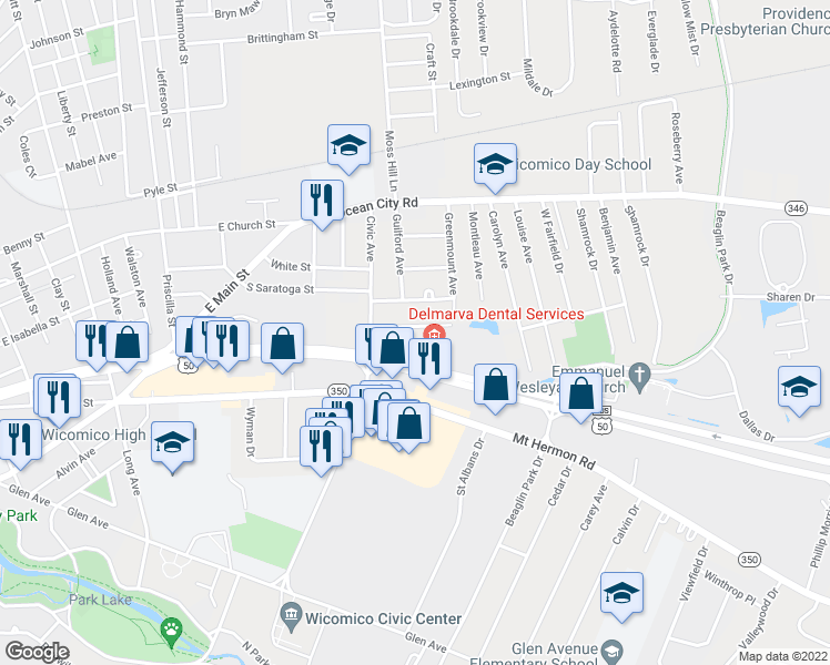 map of restaurants, bars, coffee shops, grocery stores, and more near 1301 Belmont Avenue in Salisbury