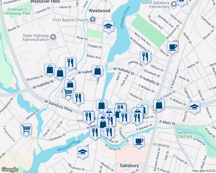 map of restaurants, bars, coffee shops, grocery stores, and more near 410 Mill Street in Salisbury
