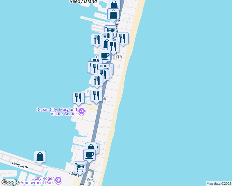 map of restaurants, bars, coffee shops, grocery stores, and more near 4309 Atlantic Avenue in Ocean City