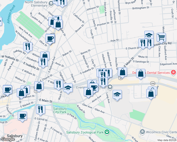 map of restaurants, bars, coffee shops, grocery stores, and more near 202 Marshall Street in Salisbury