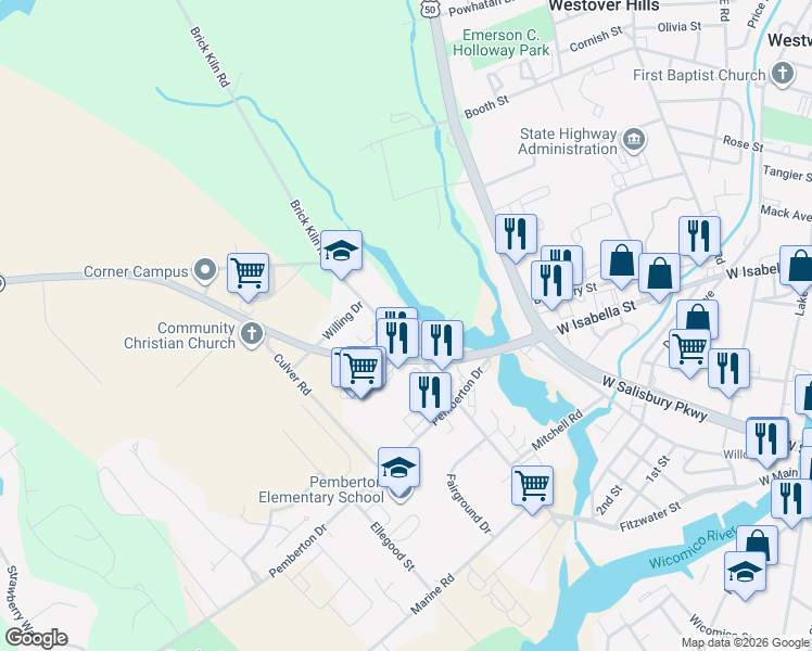 map of restaurants, bars, coffee shops, grocery stores, and more near 28650 Old Quantico Road in Salisbury
