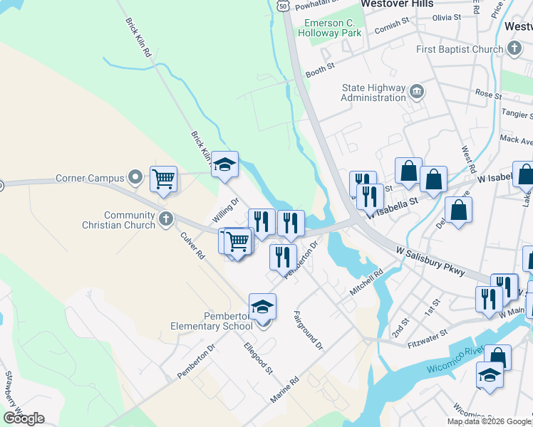 map of restaurants, bars, coffee shops, grocery stores, and more near 28650 Old Quantico Road in Salisbury