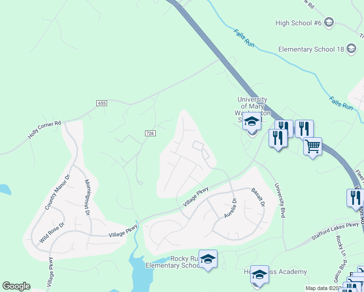 map of restaurants, bars, coffee shops, grocery stores, and more near 6 Kimmer Court in Fredericksburg