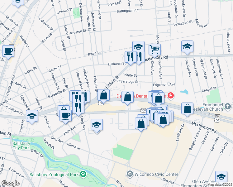 map of restaurants, bars, coffee shops, grocery stores, and more near 1110 Healthway Drive in Salisbury