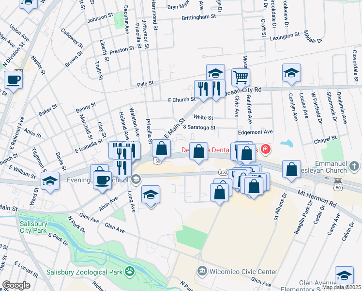 map of restaurants, bars, coffee shops, grocery stores, and more near 1110 Healthway Drive in Salisbury