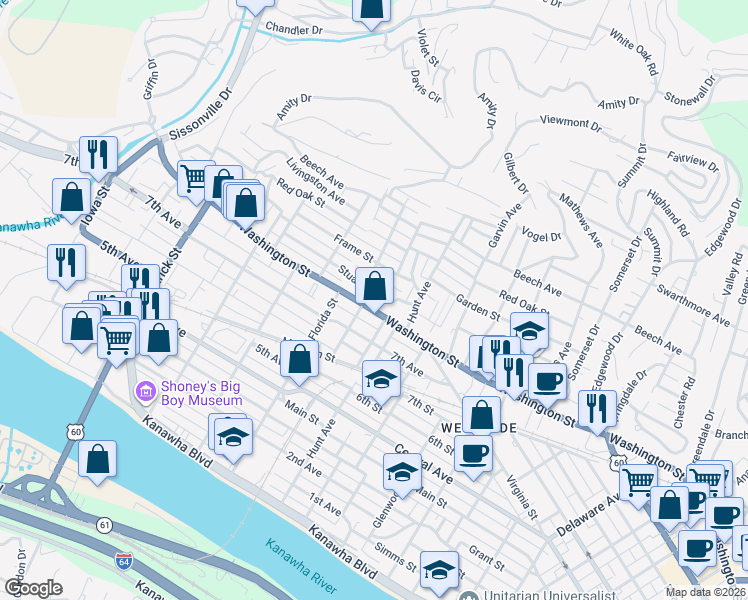 map of restaurants, bars, coffee shops, grocery stores, and more near 1242 West Washington Street in Charleston