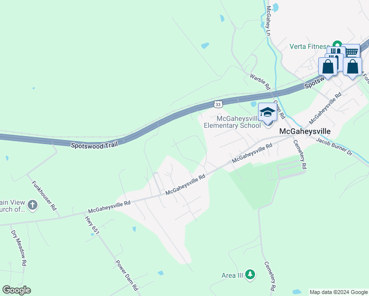 map of restaurants, bars, coffee shops, grocery stores, and more near 50 South Peak Drive in McGaheysville