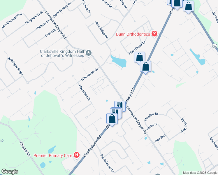 map of restaurants, bars, coffee shops, grocery stores, and more near 2520 Quail Chase Court in Sellersburg