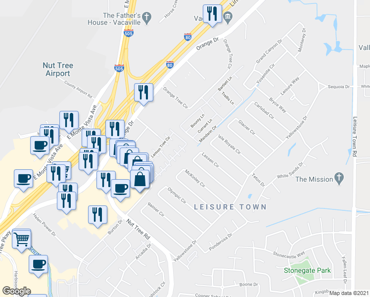 map of restaurants, bars, coffee shops, grocery stores, and more near 55 Lemon Tree Circle in Vacaville