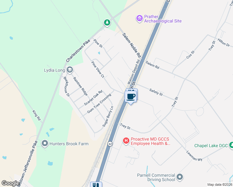 map of restaurants, bars, coffee shops, grocery stores, and more near 6022 Pine View Court in Jeffersonville