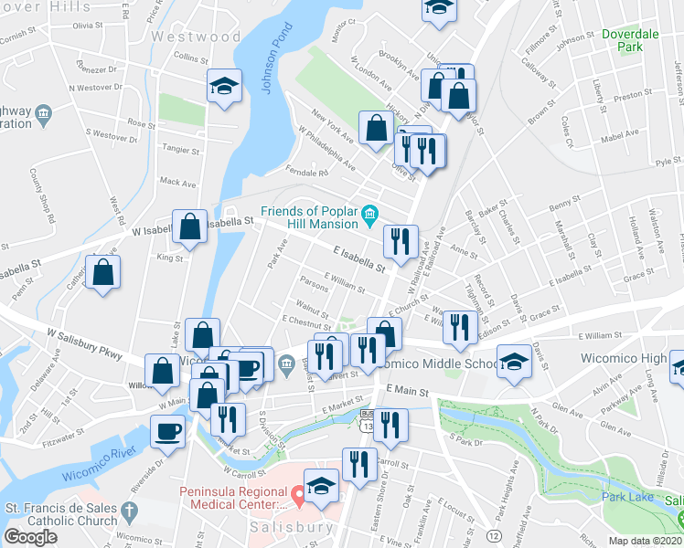 map of restaurants, bars, coffee shops, grocery stores, and more near 201 East William Street in Salisbury