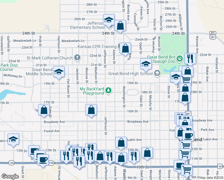 map of restaurants, bars, coffee shops, grocery stores, and more near 2708 18th Street in Great Bend