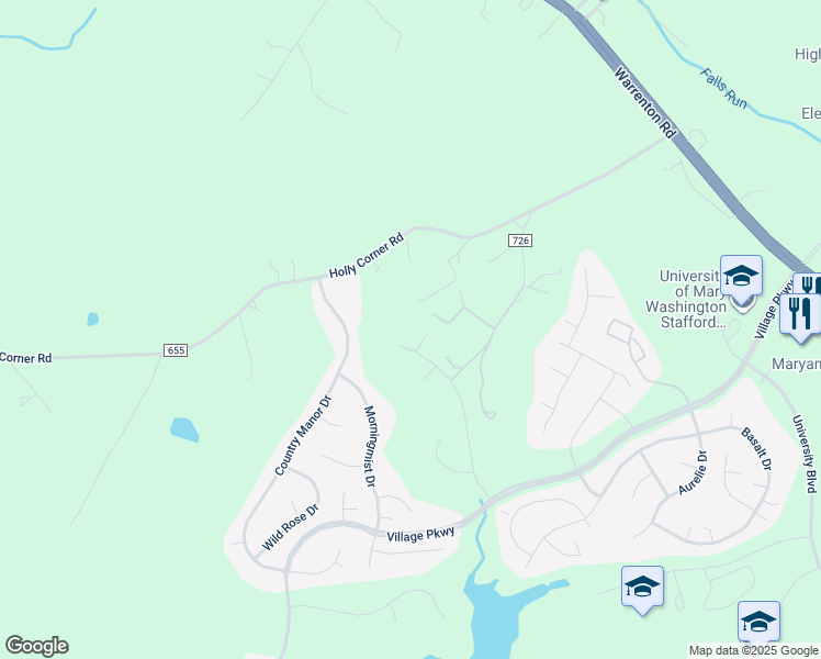map of restaurants, bars, coffee shops, grocery stores, and more near 72 Village Grove Road in Fredericksburg