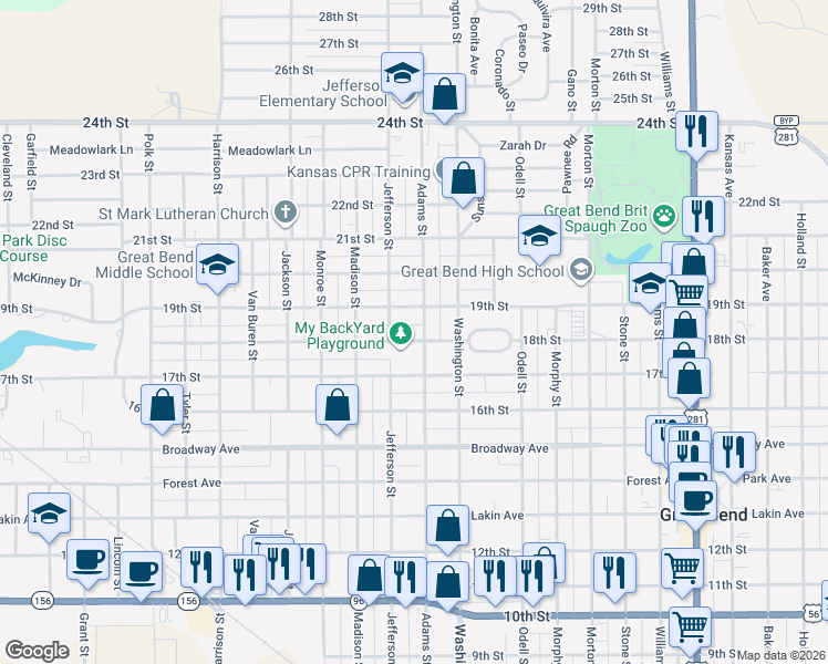 map of restaurants, bars, coffee shops, grocery stores, and more near 2708 18th Street in Great Bend