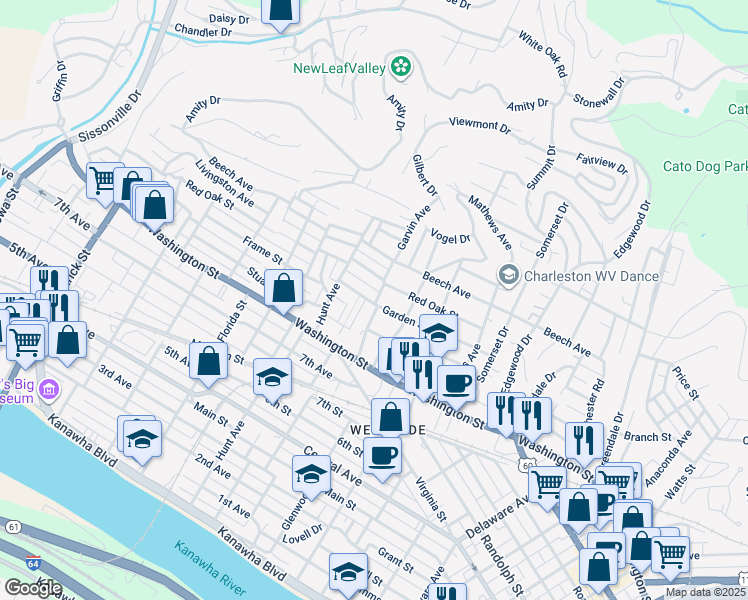 map of restaurants, bars, coffee shops, grocery stores, and more near 801 Garvin Avenue in Charleston