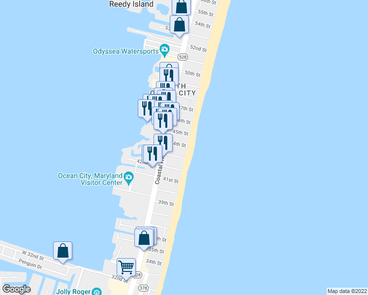 map of restaurants, bars, coffee shops, grocery stores, and more near 4309 Atlantic Avenue in Ocean City